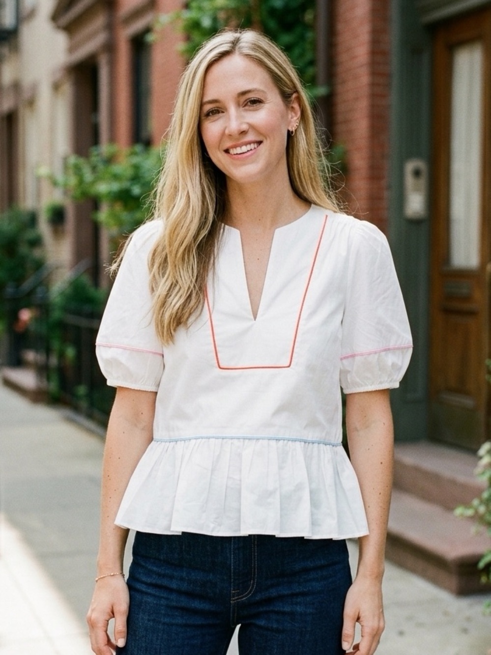 English Factory - White Peplum Split-Neck Top with Contrast Stitching